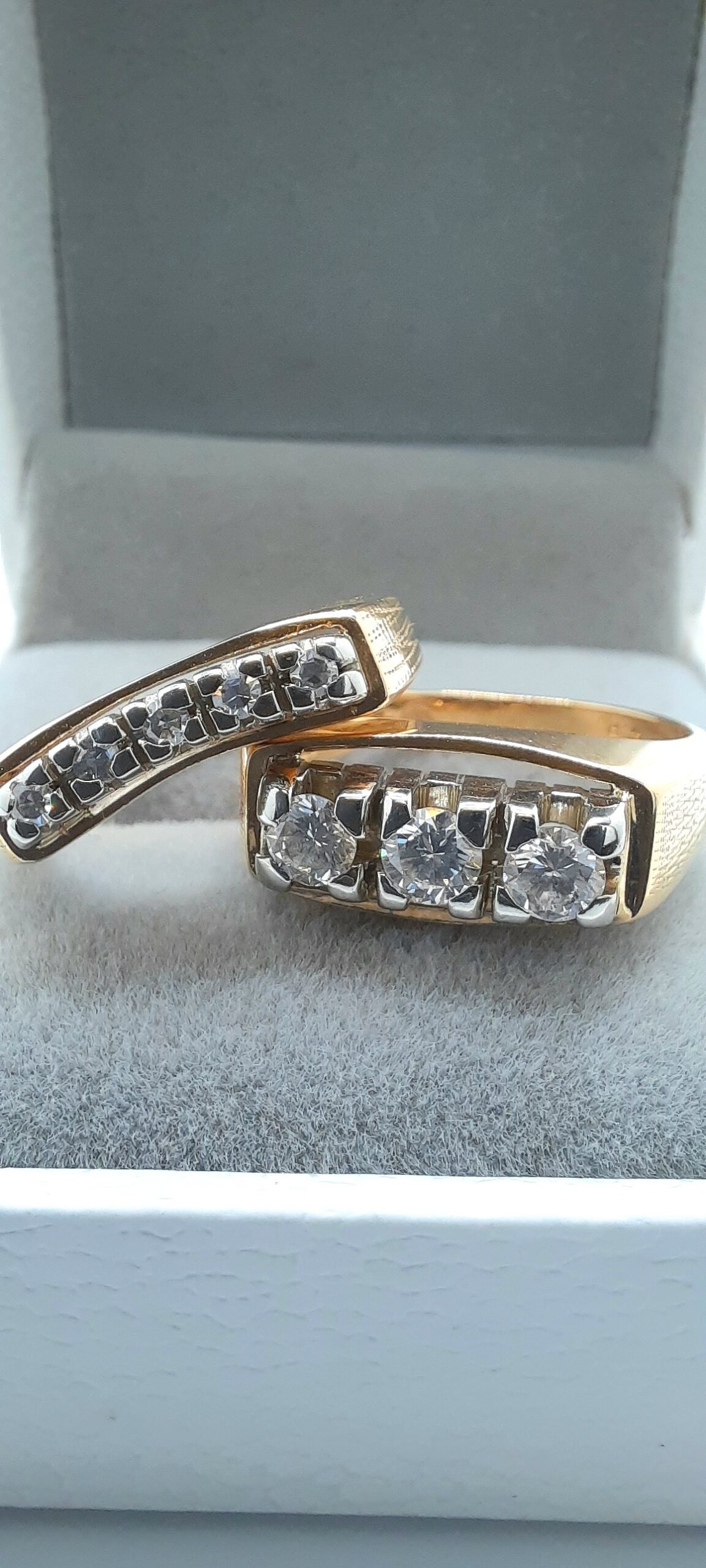 Two Piece Three Stone Diamond Wedding Set with Accents