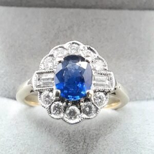 Art Deco Sapphire & Diamond Cluster Halo Ring