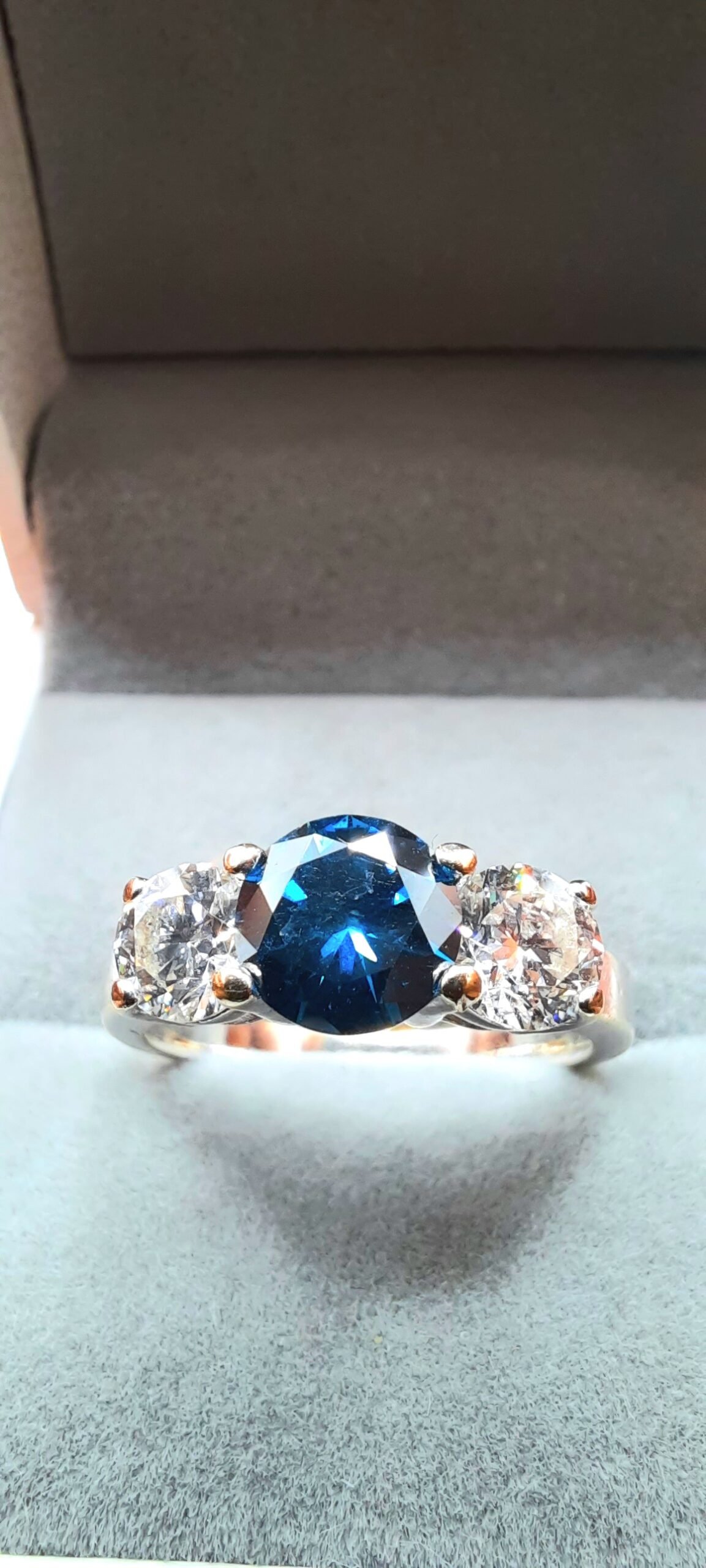 Three Stone Natural Diamond Ring Fancy Blue - Colour Enhanced Heat Treated