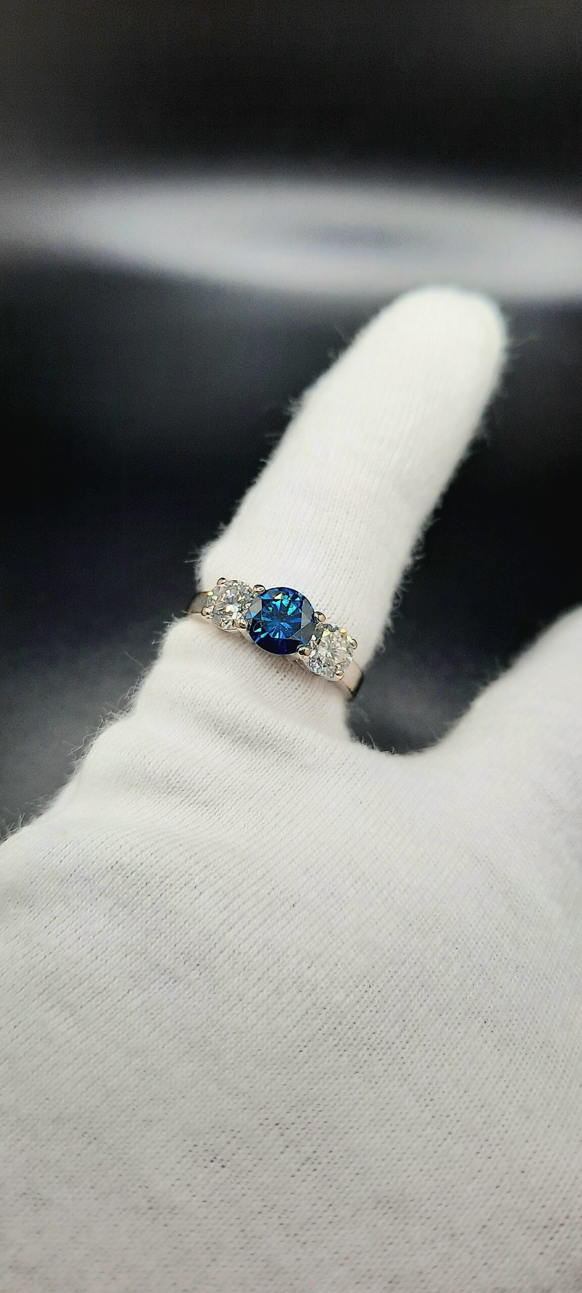 Three Stone Natural Diamond Ring Fancy Blue - Colour Enhanced Heat Treated - Image 3