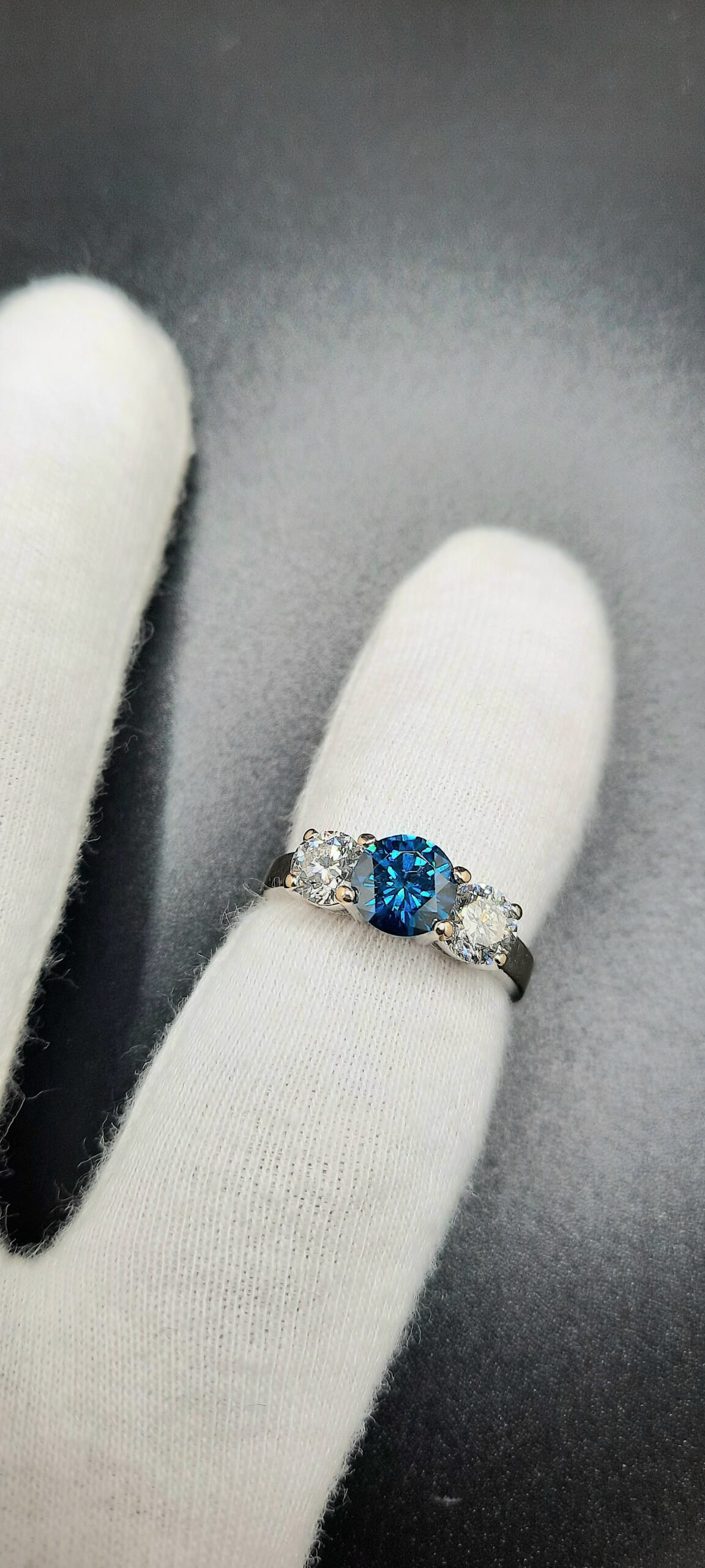 Three Stone Natural Diamond Ring Fancy Blue - Colour Enhanced Heat Treated - Image 2